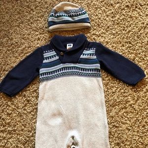 Janie and jack boy 3-6 sweater one piece & hat 0-3